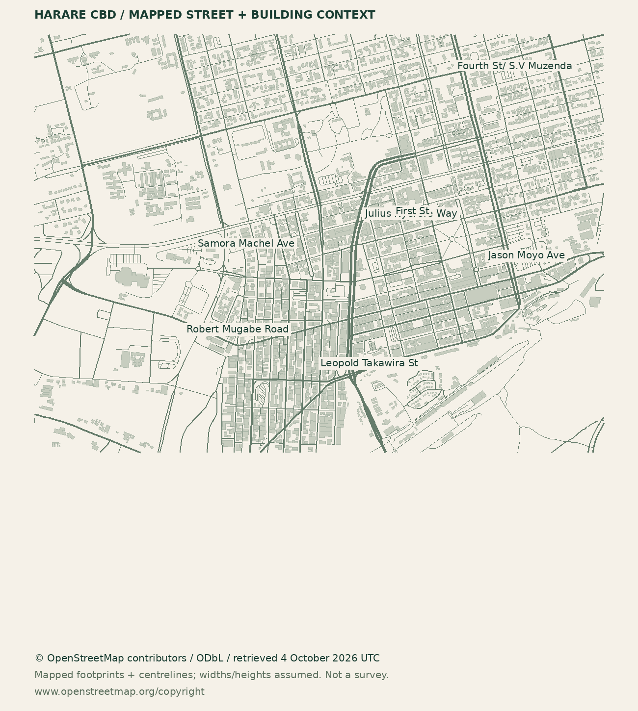 Mapped Harare CBD context showing OpenStreetMap streets and footprints.