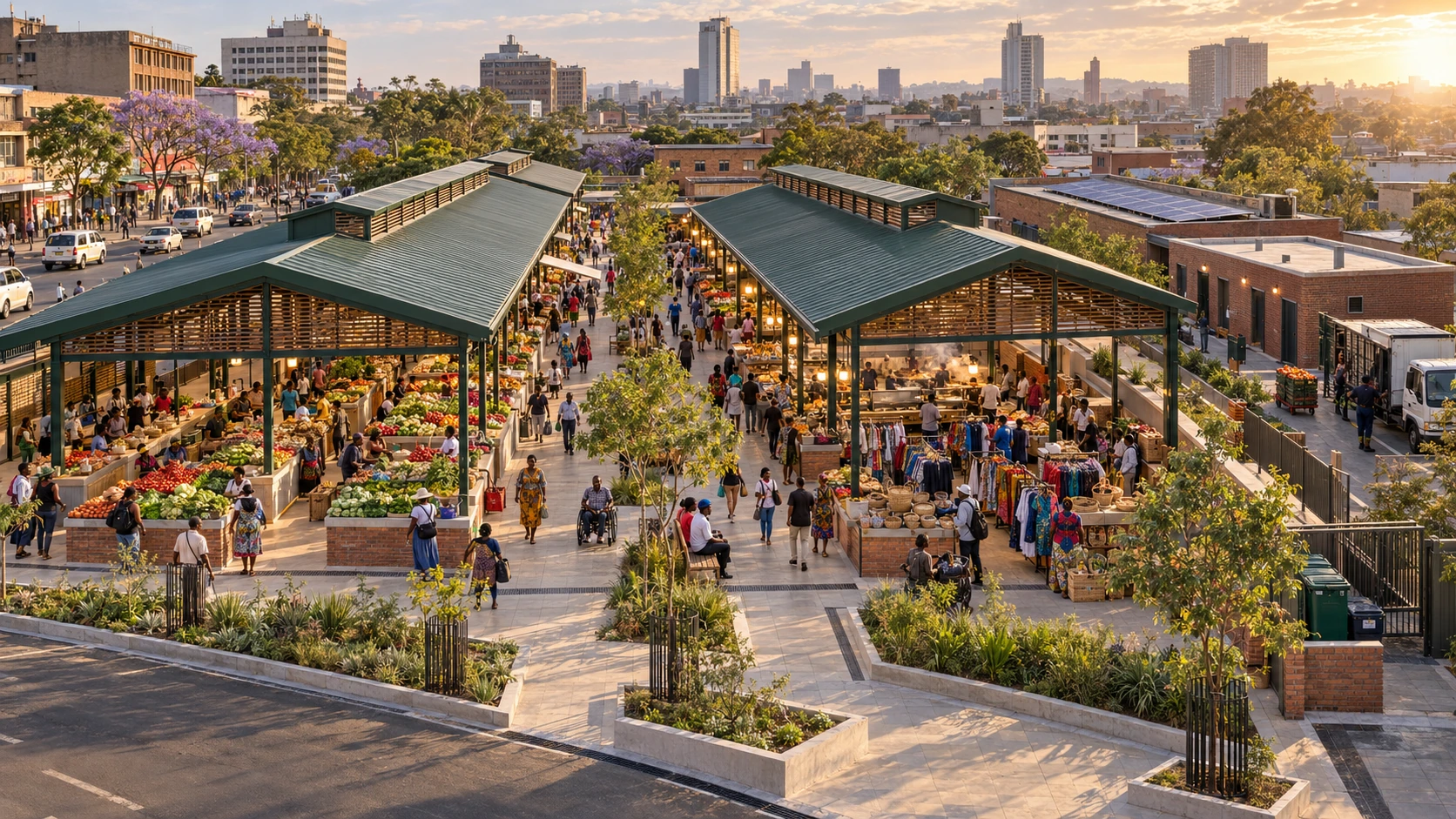 Concept image of a shaded Harare market courtyard.